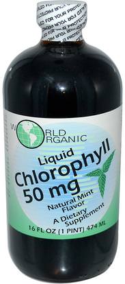 World Organic, Liquid Chlorophyll, Natural Mint Flavor, 50 mg, 16 fl oz (474 ml) ,المكملات الغذائية، الكلوروفيل