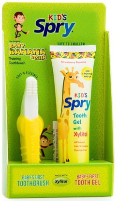 Xlear, The Original Baby Banana Brush, Training Toothbrush and Gel, 2 Piece Kit ,حمام، الجمال، العناية بالفم عن طريق الفم، إكسيليتول العناية بالفم، معجون الأسنان