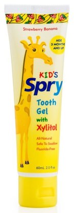 Xlear, Kids Spry Tooth Gel, with Xylitol, Strawberry Banana, 2.0 fl oz (60 ml) ,حمام، الجمال، العناية بالفم عن طريق الفم، إكسيليتول العناية بالفم، معجون الأسنان