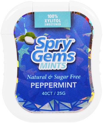 Xlear, Spry Gems, Mints, Peppermint, 40 Count, 25 g ,حمام، الجمال، العناية بالأسنان عن طريق الفم، إكسيليتول الصمغ الحلوى