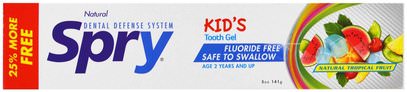 Xlear, Kids Spry, Tooth Gel, Fluoride-Free, Natural Tropical Fruit, 5 oz (141 g) ,حمام، الجمال، العناية بالفم عن طريق الفم، إكسيليتول العناية بالفم، معجون الأسنان