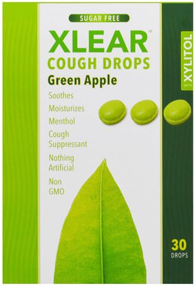 Xlear, Xylitol, Cough Drops, Sugar Free, Green Apple, 30 Drops ,والصحة، والرئة والقصبات الهوائية، والسعال قطرات