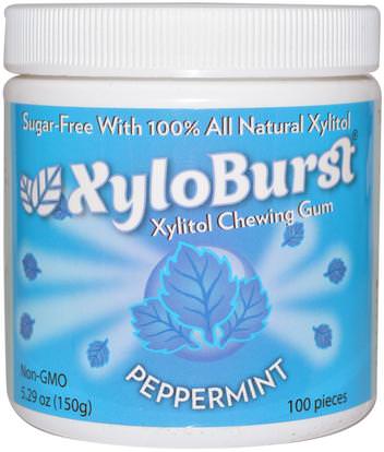 Xyloburst, All Natural Xylitol Gum, Peppermint, 5.29 oz (150 g), 100 Pieces ,حمام، الجمال، العناية بالأسنان عن طريق الفم، النعناع الأسنان اللثة، مضغ العلكة