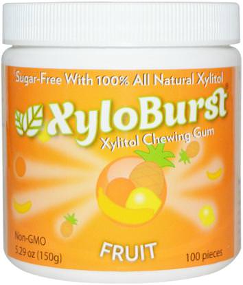 Xyloburst, Xylitol Chewing Gum, Fruit, 5.29 oz (150 g), 100 Pieces ,حمام، الجمال، العناية بالأسنان عن طريق الفم، النعناع الأسنان اللثة، مضغ العلكة