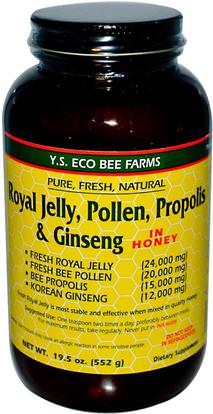 Y.S. Eco Bee Farms, Royal Jelly, Pollen, Propolis & Ginseng in Honey, 19.5 oz (552 g) ,المكملات الغذائية، أدابتوغين، منتجات النحل، لقاح النحل