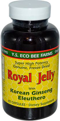 Y.S. Eco Bee Farms, Royal Jelly, with Korean Ginseng Eleuthero, 65 Capsules ,المكملات الغذائية، أدابتوغين، منتجات النحل، هلام الملكي