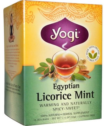 Yogi Tea, Egyptian Licorice Mint, Caffeine Free, 16 Tea Bags, 1.12 oz (32 g) ,الغذاء، الشاي العشبية، عرق السوس الجذر الشاي، المكملات الغذائية، أدابتوغن