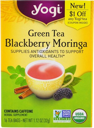 Yogi Tea, Green Tea Blackberry Moringa, 16 Tea Bags, 1.12 oz (32 g) ,الطعام، شاي الأعشاب