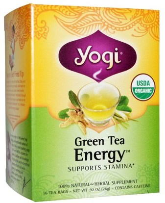 Yogi Tea, Organic Green Tea Energy, Caffeine, 16 Tea Bags.92 oz (26 g) ,الطعام، شاي الأعشاب، كومبوتشا الشاي العشبية، المكملات الغذائية، كومبوتشا