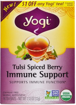 Yogi Tea, Tulsi Spiced Berry Immune Support, 16 Tea Bags, 1.12 oz (32 g) ,الغذاء، الشاي العشبية، الانفلونزا الباردة والفيروسية، جهاز المناعة
