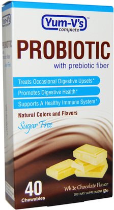Yum-Vs, Probiotic with Prebiotic Fiber, Sugar Free, White Chocolate Flavor, 40 Chewables ,المكملات الغذائية، البروبيوتيك، استقرت البروبيوتيك