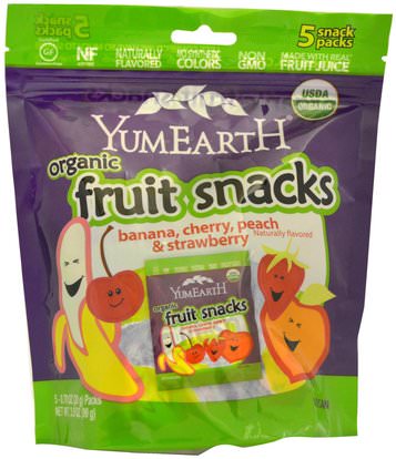 YumEarth, Organic Fruit Snacks, Banana, Cherry, Peach & Strawberry, 5 Packs, 0.70 oz (20 g) Each ,الطعام، الوجبات الخفيفة، الحلوى