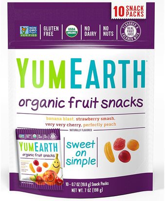 YumEarth, Organic Fruit Snacks, Original, 10 Packs, 0.7 oz (19.8 g) Each ,الطعام، الوجبات الخفيفة، الحلوى، وجبات خفيفة الفاكهة