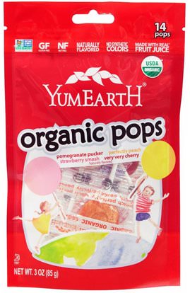 YumEarth, Organic Pops, Assorted Flavors, 14 Lollipops, 3 oz (85 g) ,الطعام، الوجبات الخفيفة، الحلوى