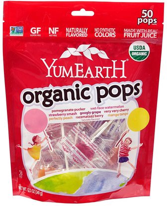YumEarth, Organic Pops, Assorted Flavors, 50 Pops, 12.3 oz (349 g) ,الطعام، الوجبات الخفيفة، الحلوى