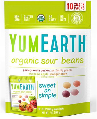 YumEarth, Organic Sour Beans, Assorted Flavors, 10 Snack Packs, 0.7 oz (19.8 g) Each ,الطعام، الوجبات الخفيفة، الحلوى