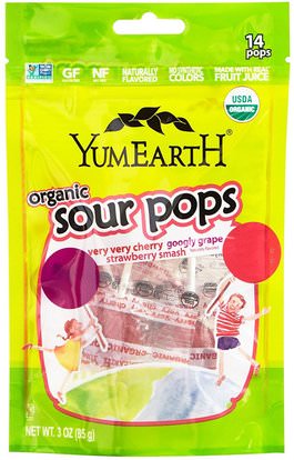 YumEarth, Organics, Sour Pops, Assorted Flavors, 14 Pops, 3 oz (85 g) ,الطعام، الوجبات الخفيفة، الحلوى
