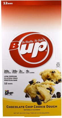YUP, B Up Protein Bar, Chocolate Chip Cookie Dough, 12 Bars, 2.2 oz (62 g) Each ,والرياضة، والبروتين أشرطة