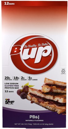 YUP, B Up Protein Bar, PB&J, 12 Bars, 2.2 oz (62 g) Each ,والرياضة، والبروتين أشرطة