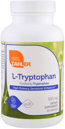 Zahler, L-Tryptophan, Purified L-Tryptophan, 500 mg, 60 Capsules ,المكملات الغذائية، ل التربتوفان، ومكافحة الإجهاد دعم المزاج