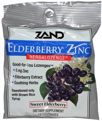 Zand, Elderberry Zinc, Herbalozenge, Sweet Elderberry, 15 Lozenges ,المكملات الغذائية، المعادن، الزنك معينات، الصحة، السعال قطرات