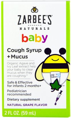Zarbees, Baby, Cough Syrup + Mucus, Natural Grape Flavor, 2 fl oz (59 ml) ,وصحة الطفل، وطفل رضيع، وملاحق الرضع، وسعال انفلونزا البرد