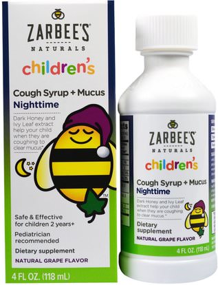 Zarbees, Childrens Cough Syrup+ Mucus Nighttime, Natural Grape Flavor, 4 fl oz (118 ml) ,صحة الأطفال، سعال انفلونزا البرد، الانفلونزا الباردة والفيروسية، شراب السعال