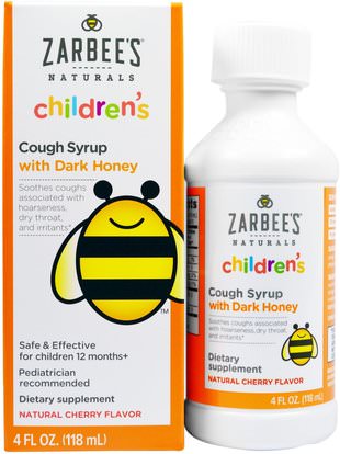 Zarbees, Childrens Cough Syrup with Dark Honey, Natural Cherry Flavor, 4 fl oz (118 ml) ,والمكملات الغذائية، ومنتجات النحل، والسعال انفلونزا البرد