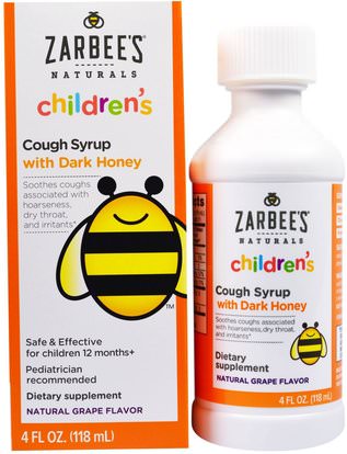 Zarbees, Childrens Cough Syrup with Dark Honey, Natural Grape Flavor, 4 fl oz (118 ml) ,والمكملات الغذائية، ومنتجات النحل، والسعال انفلونزا البرد