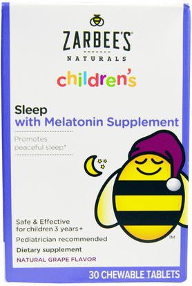Zarbees, Childrens, Sleep with Melatonin Supplement, Natural Grape, 30 Chewable Tablets ,المكملات الغذائية، الميلاتونين السائل، صحة الأطفال، الأطفال العلاجات العشبية