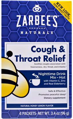 Zarbees, Cough & Throat Relief, Nighttime Drink, Natural Honey Lemon Flavor, 6 Packets, 3.4 oz (96 g) ,المكملات الغذائية، الميلاتونين 3 ملغ