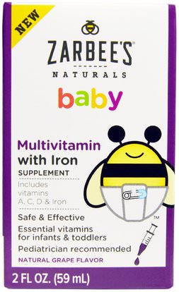 Zarbees, Naturals, Baby, Multivitamin, with Iron, Natural Grape Flavor, 2 fl oz (59 ml) ,الفيتامينات، الفيتامينات المتعددة، الأطفال الفيتامينات