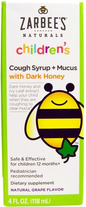 Zarbees, Naturals, Childrens Cough Syrup + Mucus, with Dark Honey, Natural Grape Flavor, 4 fl oz (118 ml) ,والصحة، والانفلونزا الباردة والفيروسية، شراب السعال وصحة الأطفال، والعلاجات العشبية للأطفال