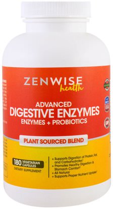 Zenwise Health, Advanced Digestive Enzymes with Enzymes and Probiotics, Plant Sourced Blend, 180 Veggie Caps ,والمكملات الغذائية، والإنزيمات الهاضمة