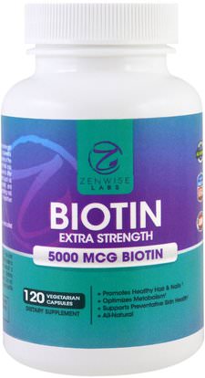 Zenwise Health, Biotin, Extra Strength, 5000 mcg, 120 Veggie Caps ,الفيتامينات، فيتامين ب