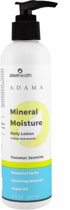 Zion Health, Adama Mineral Moisture, Daily Lotion, Coconut Jasmine, 8 oz (240 ml) ,حمام، الجمال، المستحضرات أرغان والزبدة، غسول الجسم