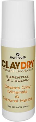 Zion Health, Clay Dry Natural Roll-On Deodorant, 3 oz (89 ml) ,حمام، الجمال، مزيل العرق، لفة-- على مزيل العرق