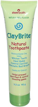 Zion Health, ClayBrite, Natural Toothpaste, Natural Mint Flavor, 3.2 oz (92 g) ,حمام، الجمال، العناية بالأسنان عن طريق الفم، تبييض الأسنان، معجون الأسنان