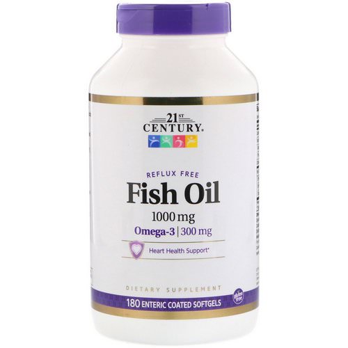 21st Century, Fish Oil Reflux Free, 1000 mg, 180 Enteric Coated Softgels فوائد
