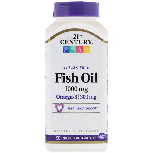 21st Century, Fish Oil, Reflux Free, 1,000 mg, 90 Enteric Coated Softgels فوائد