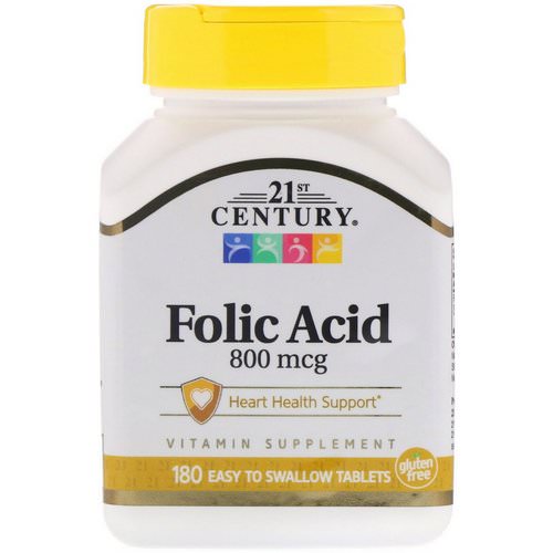 21st Century, Folic Acid, 800 mcg, 180 Easy to Swallow Tablets فوائد
