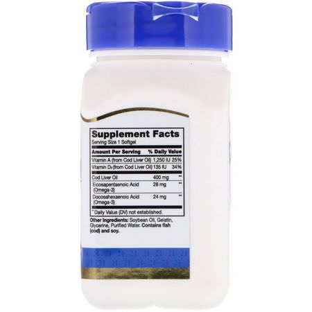 21st Century, Norwegian Cod Liver Oil, 400 mg, 110 Softgels:زيت كبد سمك القد, Omega EPA DHA