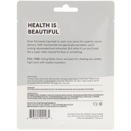 Acure, Foil-Time Fortifying Silver Foil Mask, 1 Single Use Mask, 0.67 fl oz (20 ml):أقنعة مرطبة, قش,ر