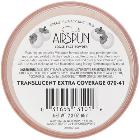 Airspun, Loose Face Powder, Translucent Extra Coverage 070-41, 2.3 oz (65 g):رذاذ الإعداد, المسح,ق