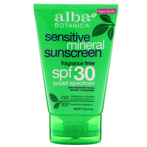 Alba Botanica, Mineral Sunscreen, Sensitive, Fragrance Free, SPF 30, 4 oz (113 g) فوائد