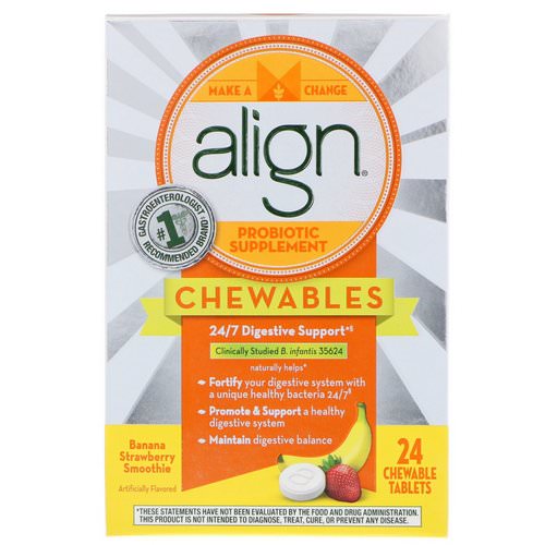 Align Probiotics, 24/7 Digestive Support, Probiotic Supplement, Chewables, Banana Strawberry Smoothie, 24 Chewable Tablets فوائد