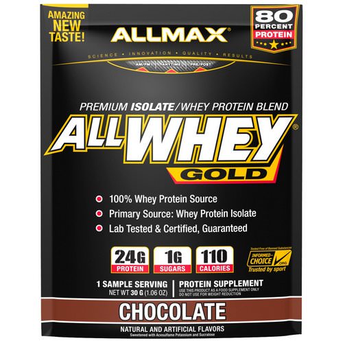 ALLMAX Nutrition, AllWhey Gold, 100% Whey Protein + Premium Whey Protein Isolate, Chocolate, 1.06 oz (30 g) فوائد
