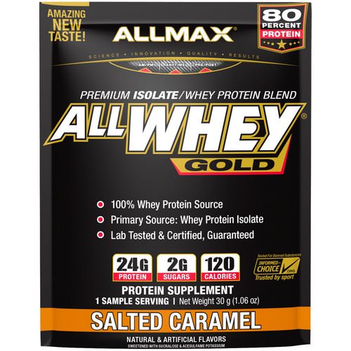 ALLMAX Nutrition, AllWhey Gold, 100% Whey Protein + Premium Whey Protein Isolate, Salted Caramel, 1.06 oz (30 g) فوائد