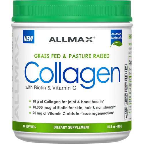 ALLMAX Nutrition, Grass Fed & Pasture Raised Collagen with 10,000 mcg Biotin + 90 mg Vitamin C, 15.5 oz (440 g) فوائد