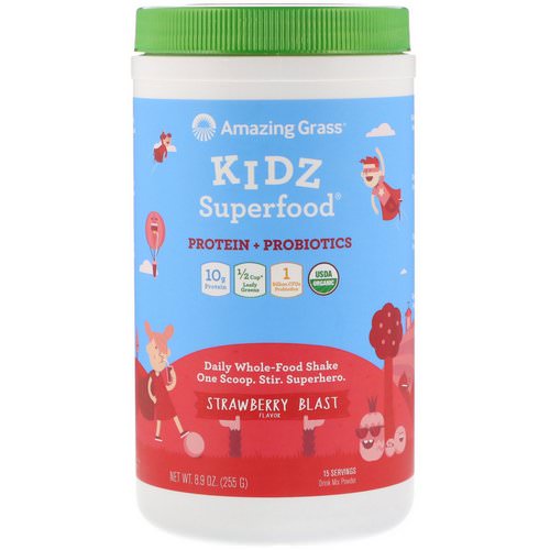 Amazing Grass, Kidz Superfood, Protein + Probiotics, Strawberry Blast, 8.9 oz (255 g) فوائد